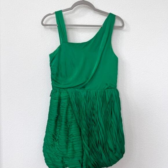 ALICE + OLIVIA Green Silk Dress Asymmetrical Strap Ruched Mini Party Dress S - Picture 1 of 9